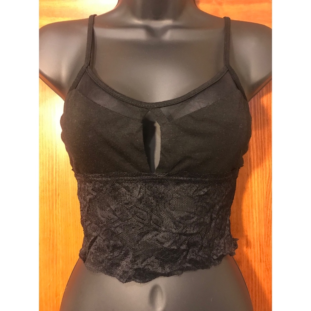 Black mesh and lace crop top